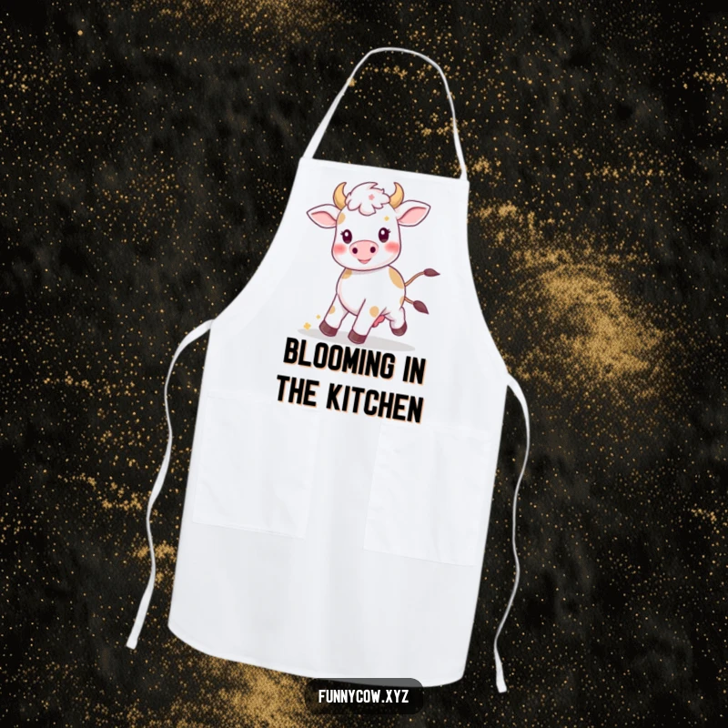 Funny Kawaii cow apron showing a happy cow prancing with flowers, keeping clothes clean with humor.