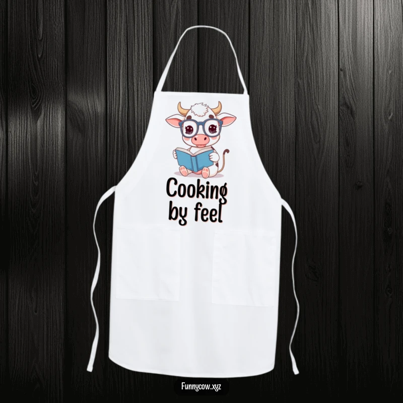 Funny cow apron showing a cute cow wearing oversized glasses, reading a book upside down.