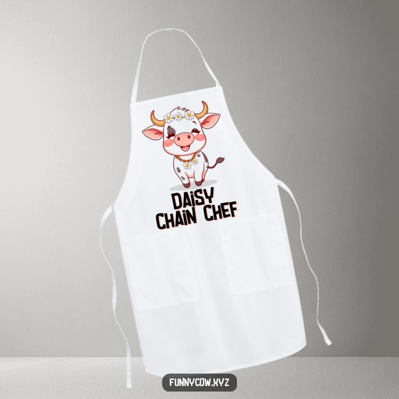 Funny apron: A happy cow wearing a daisy chain spins with glee, ready to protect you from kitchen messes with humor.