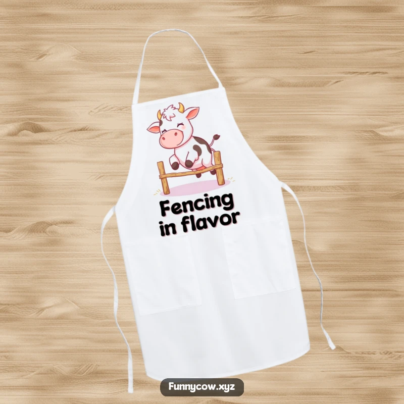 Funny apron showing a giggling cow with wobbly legs trying to jump over a fence, adding humor to kitchen duties.