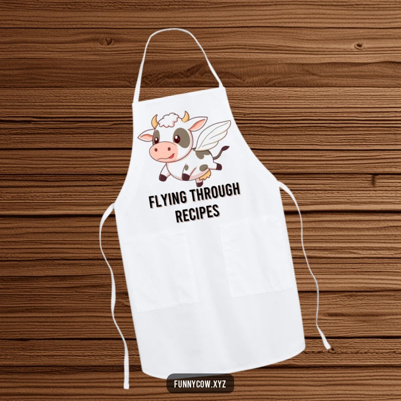 Funny apron showing a cow comically attempting to fly with tiny, wobbly wings, ideal for kitchen ambition.