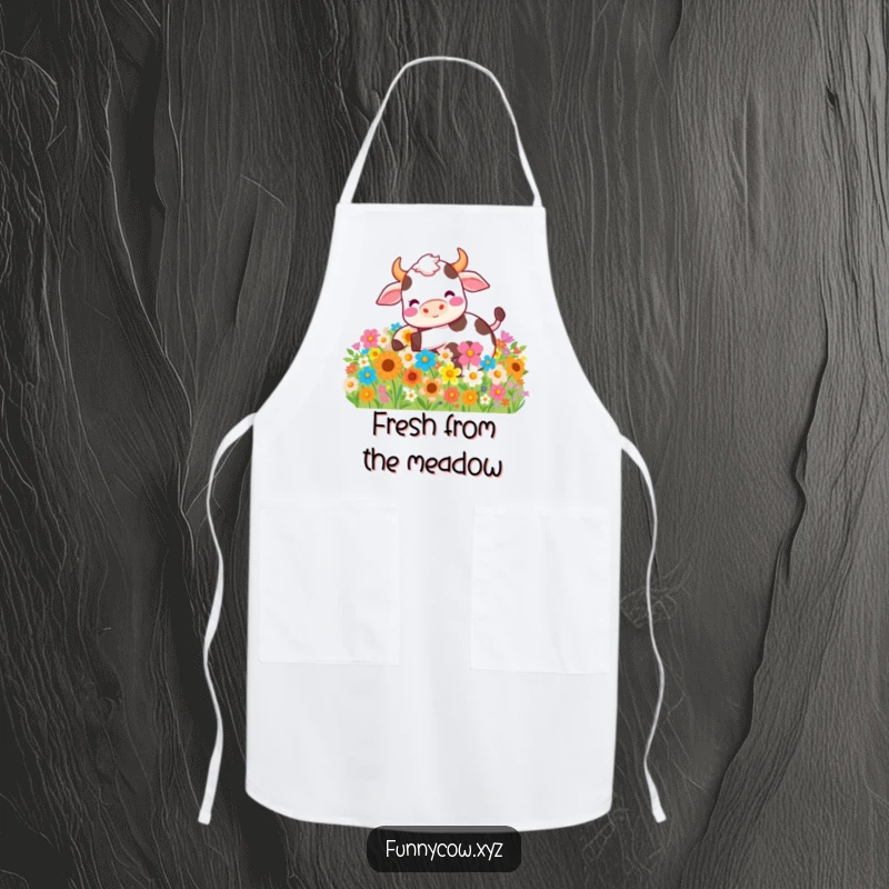 Funny apron showing a happy cow rolling in a field of colorful flowers, adding whimsical fun to kitchen or garden tasks.