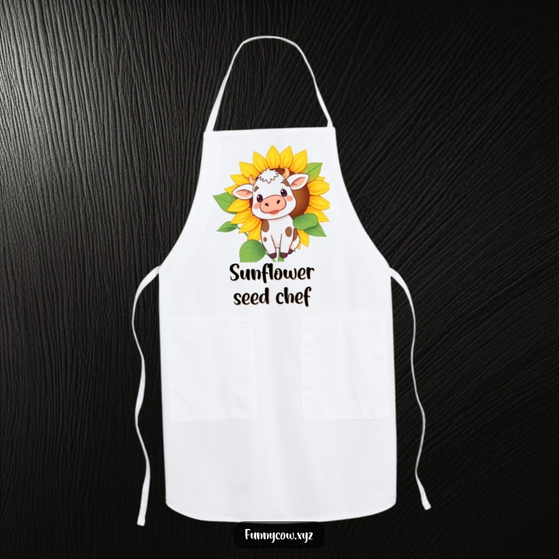 Funny apron showing a curious spotted cow peeking from behind a giant sunflower, adding a whimsical touch to kitchen wear.