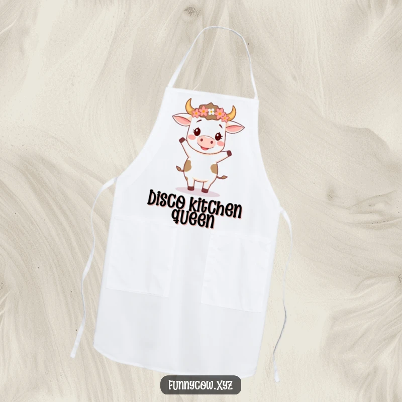 Funny apron showing a happy cow wearing a flower crown and doing a silly two-step dance, adding rhythm to kitchen tasks.