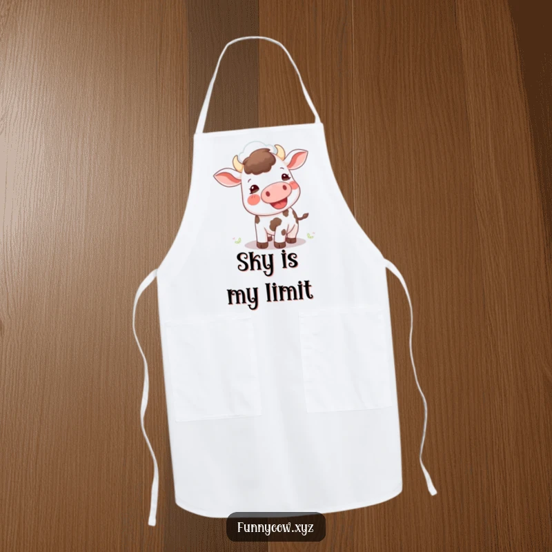Funny apron: A delighted cow aims its moo towards a fluffy cloud, adding humor to kitchen tasks.