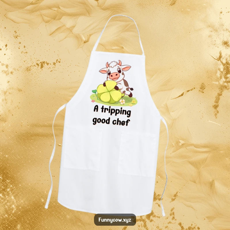 Funny surprised cow apron showing a cow comically tripping over a large clover, ideal for messy chefs.
