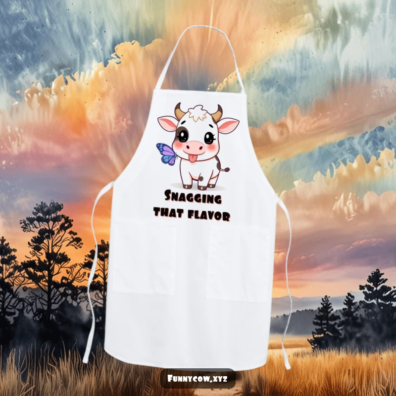 Funny cow apron showing a playful cow with its tongue sticking out, trying to catch a butterfly.