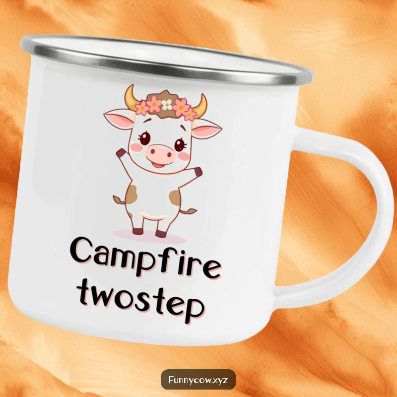 Funny camping mug depicting a happy cow with a flower crown doing a silly two-step dance, perfect for outdoor merriment.