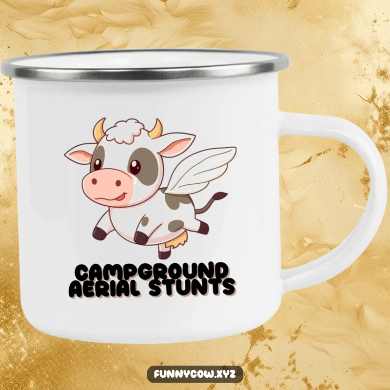 Funny camping mug with a cow comically attempting to fly with tiny, wobbly wings, for aspiring adventurers.