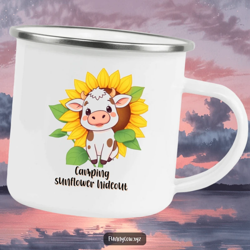 Funny camping mug featuring a spotted cow peeking from behind a large sunflower, perfect for sipping with a sense of wonder.
