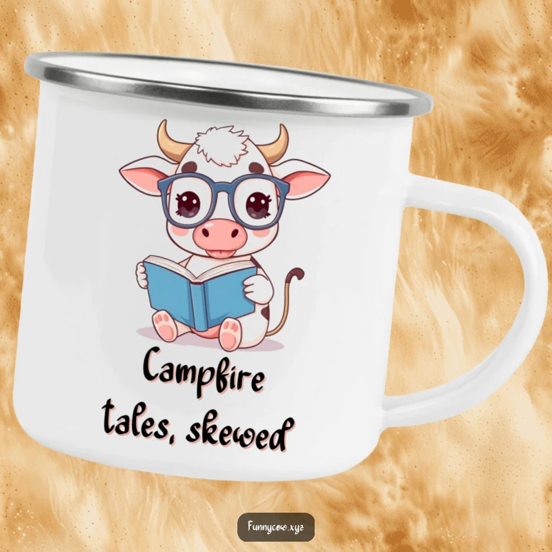 Funny cow camping mug showing a cute cow with oversized glasses, reading a book upside down.
