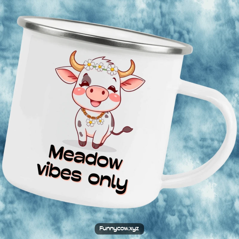 Funny camping mug: A happy, spinning cow with a daisy chain on its head is ready for your favorite hot beverage outdoors.