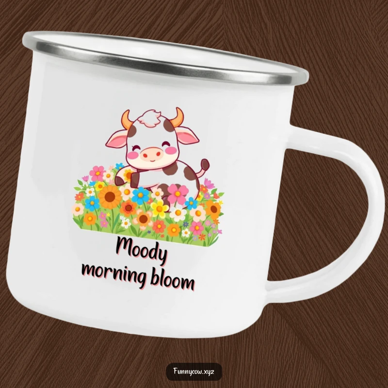 Funny camping mug featuring a happy cow rolling in colorful flowers, ideal for enjoying drinks by the campfire with humor.