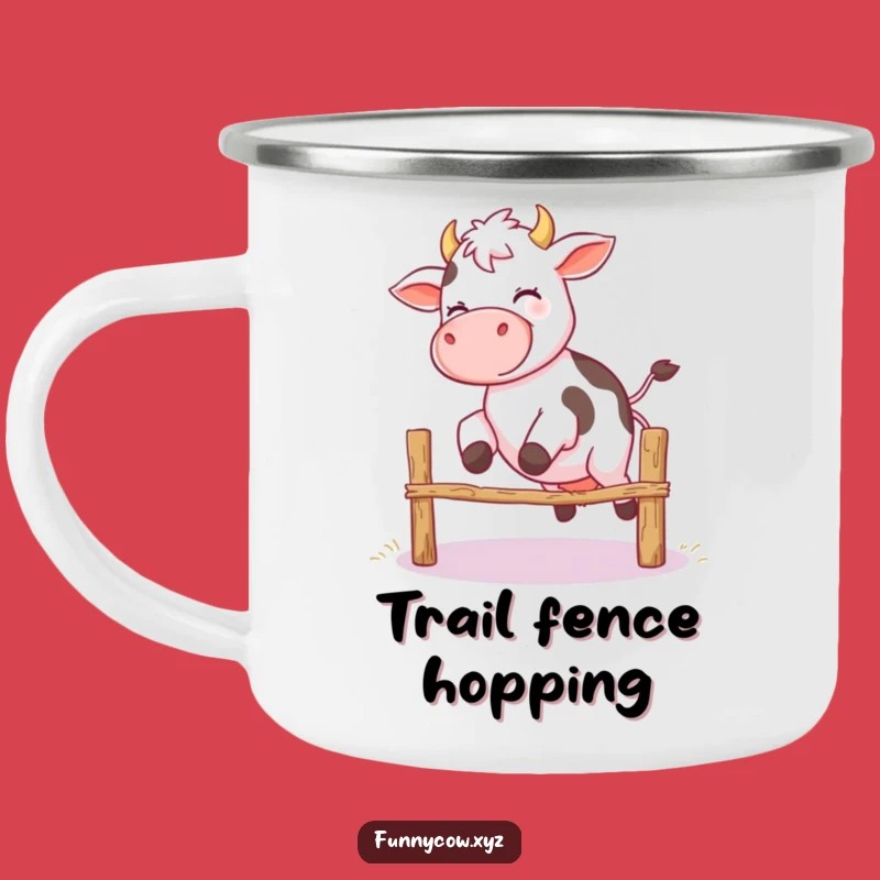 Funny Giggling Cow Fence Jump Camping Mug - Adventure with Humor!