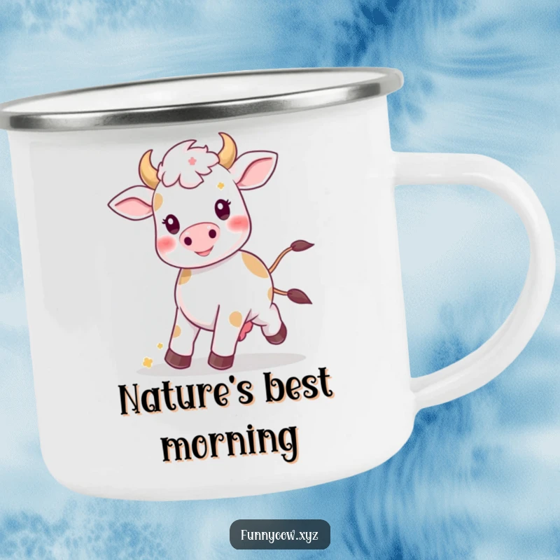 Funny Kawaii cow camping mug showing a happy prancing cow with flowers, ready for outdoor fun.