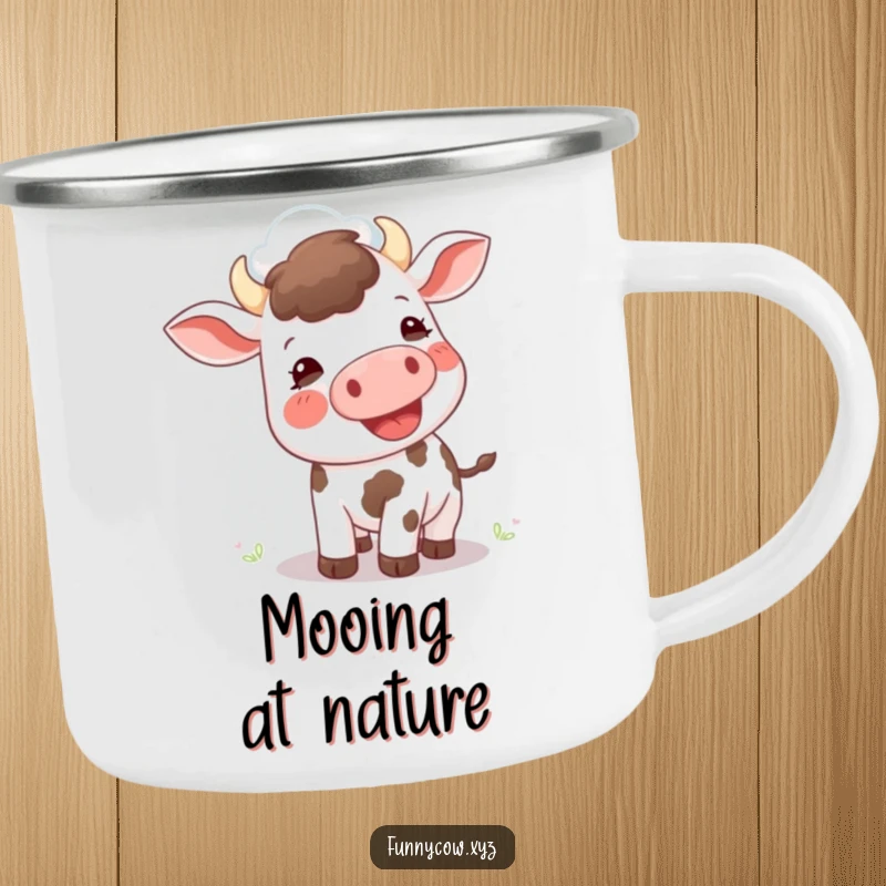 Funny camping mug: A happy cow looks up, mouth open as if to moo at a distant cloud, perfect for outdoor inspiration.