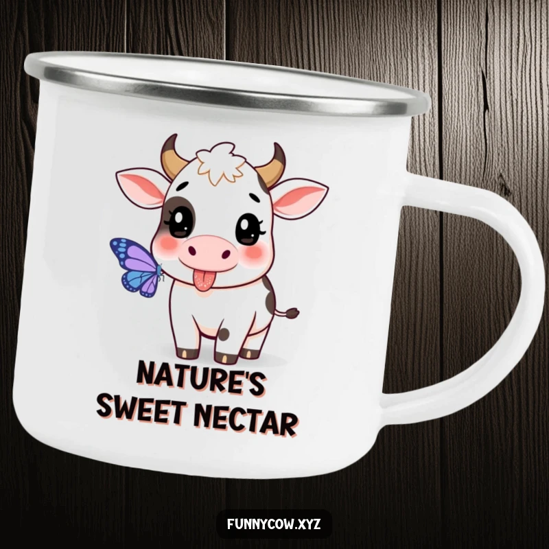 Funny cow camping mug showing a playful cow with its tongue out, chasing a butterfly.