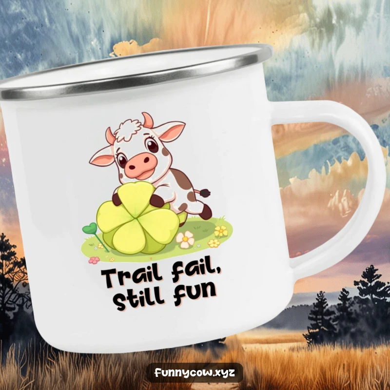 Funny surprised cow camping mug showing a cow tripping over a giant clover, ready for outdoor laughs.