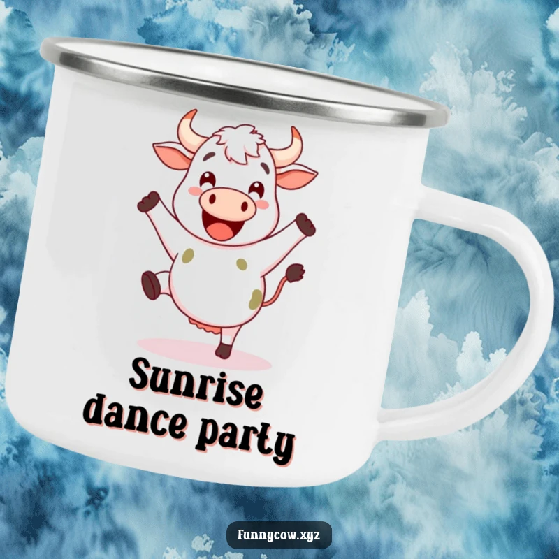 Funny happy cow camping mug with legs kicking joyfully as if dancing.