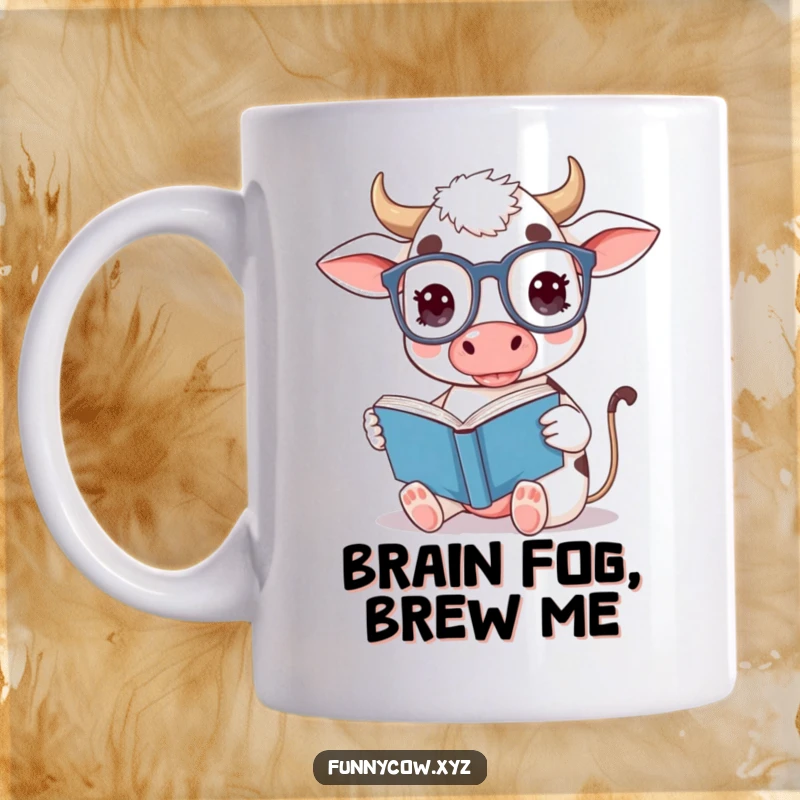 Funny cow mug featuring a cute cow wearing oversized spectacles, hilariously reading a book upside down.