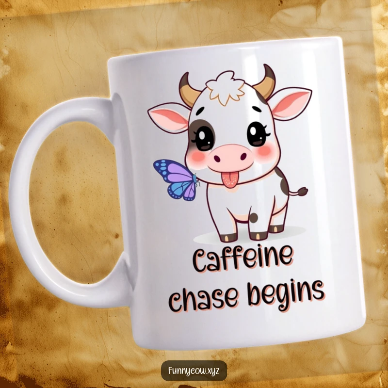 Funny cow mug with a playful expression, tongue sticking out to catch a fluttering butterfly.
