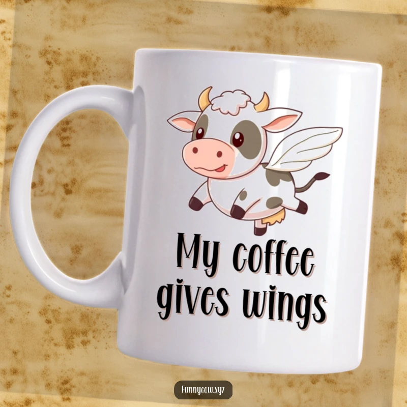 Funny mug with a cow comically attempting to fly using tiny, wobbly wings, symbolizing ambitious dreams.