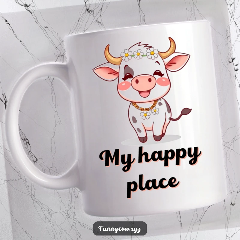 Funny mug: A happy cow with a daisy chain on its head spins with pure delight and carefree joy.