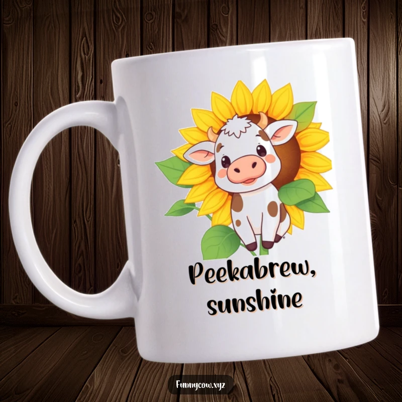 Funny mug showing a curious cow with delicate spots peeking its head from behind a massive, bright sunflower, exuding shy charm.