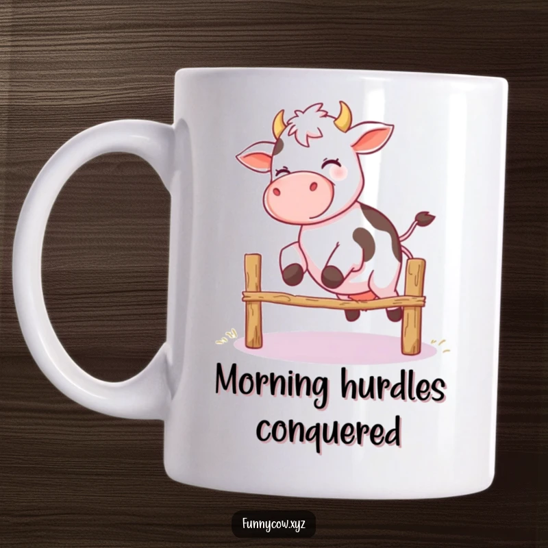 Funny mug featuring a giggling cow with hilariously wobbly legs attempting to leap over a small fence, embodying clumsy fun.