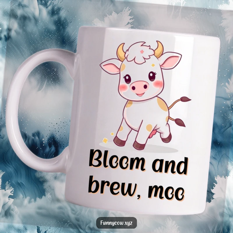 Funny Kawaii cow mug showing a happy cow prancing with tiny flowers in its mane, radiating pure joy and silliness.