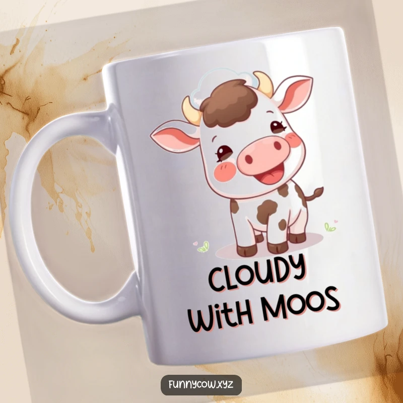 Funny mug: A happy cow with a delighted expression looks up, attempting to moo at a fluffy white cloud.