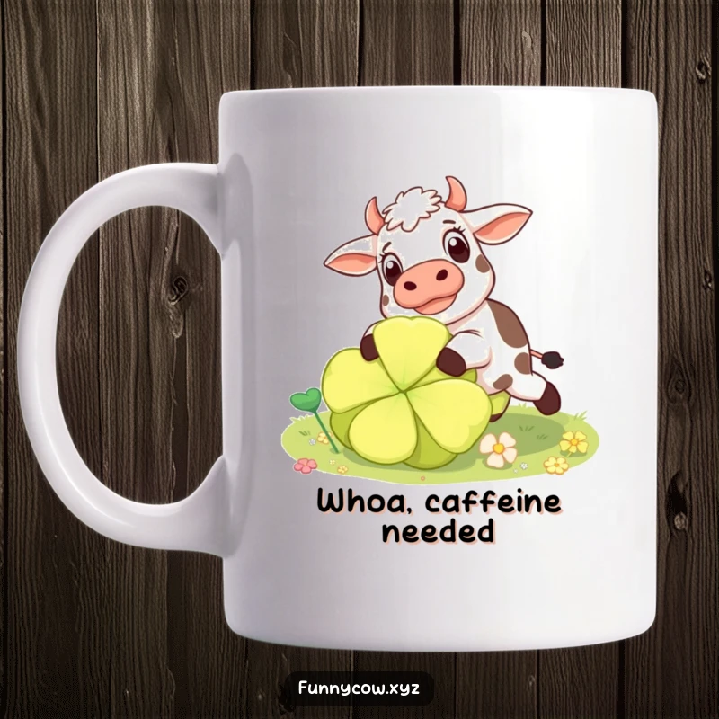 Funny surprised cow mug showing a cow mid-trip over a giant clover, eyes wide with comic shock.