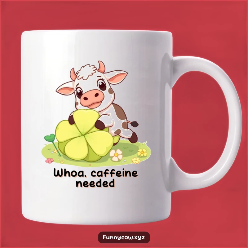 Funny Surprised Cow Mug: Tripping Clover Chaos, Perfect Funny Gift