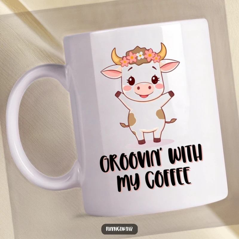 Funny mug featuring a happy cow wearing a flower crown, joyfully performing a silly two-step dance, radiating pure bliss.