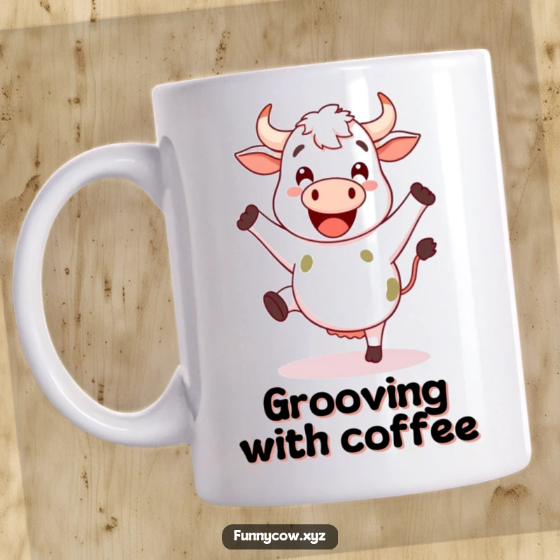 Funny happy cow mug with legs kicking enthusiastically as if dancing with pure joy.