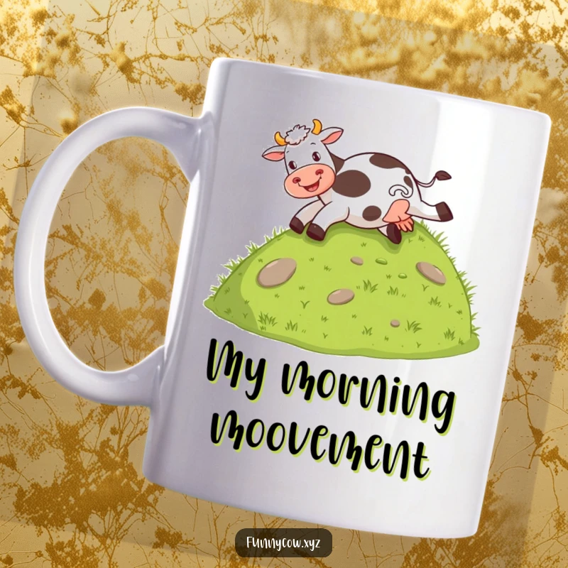Funny mug with a cow joyfully sliding down a grassy hill on its behind, capturing pure farm fun.