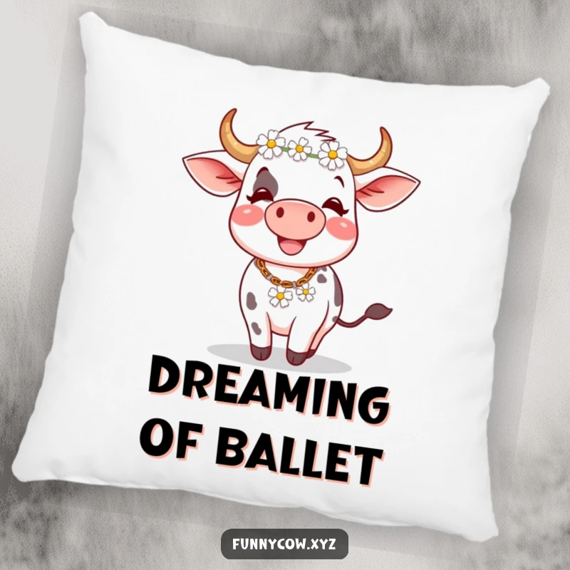 Funny pillow: A cute cow with a daisy chain on its head is captured in a joyful spinning motion, perfect for cozy laughs.