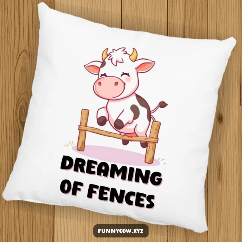 Funny pillow featuring a giggling cow with wobbly legs in the middle of attempting to jump a fence, a comical and cozy accent.