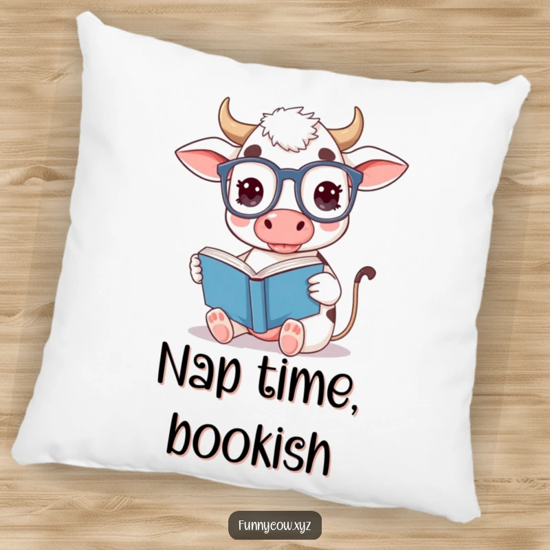Funny cow pillow featuring a cute cow with oversized spectacles, reading a book upside down.