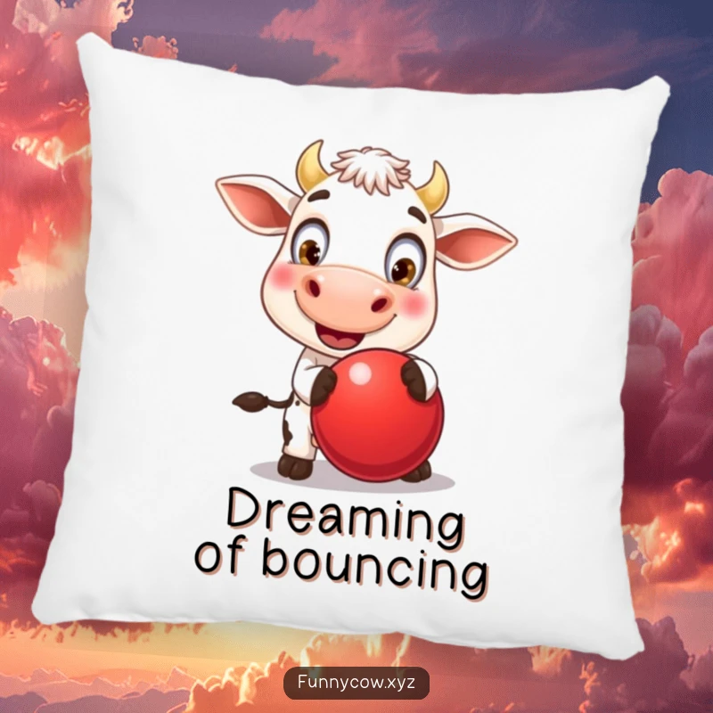 Funny pillow showcasing a happy cow with enormous, playful eyes, enthusiastically bouncing a big red ball, a delightful image of fun.
