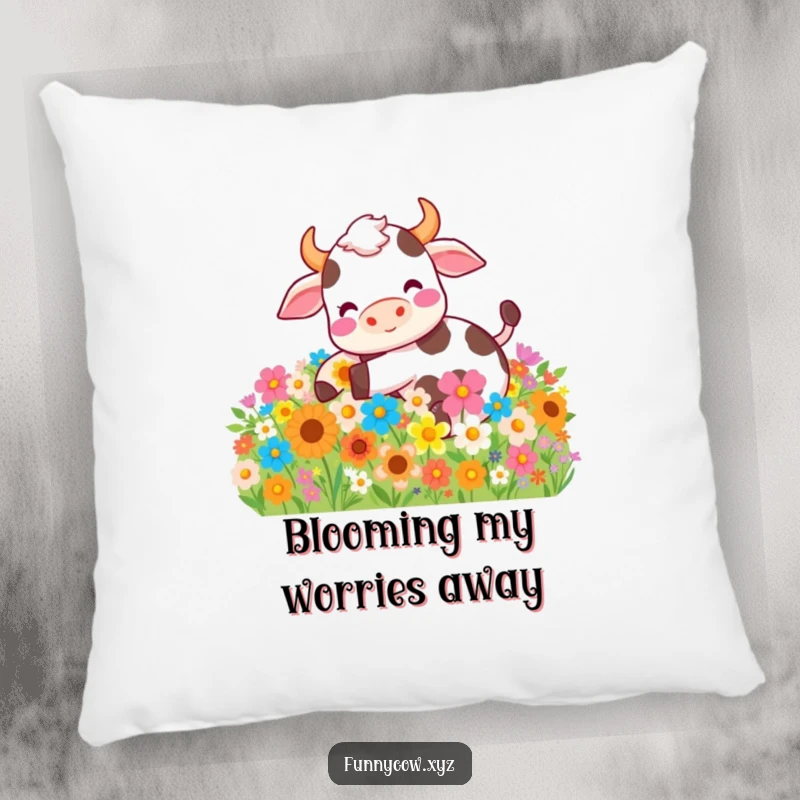 Funny pillow featuring a joyful cow blissfully rolling in a colorful flower patch, adding a touch of comfort and humor.