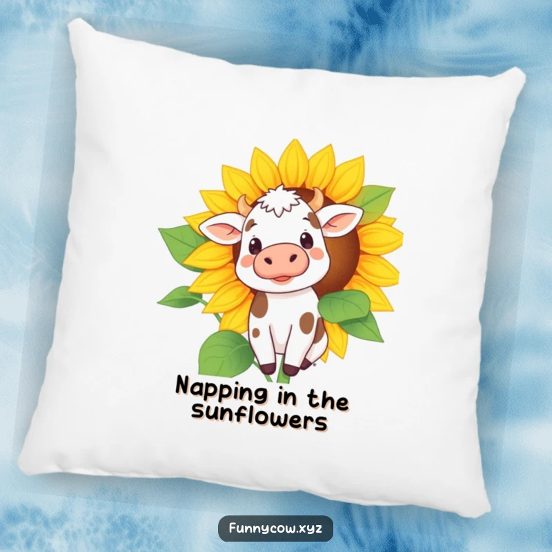 Funny pillow featuring a shy, spotted cow peeking out from behind a large sunflower, adding a touch of playful decor.