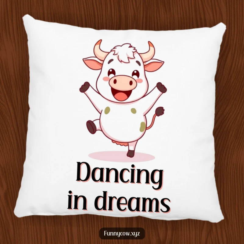 Funny happy cow pillow with legs kicking joyfully as if dancing.