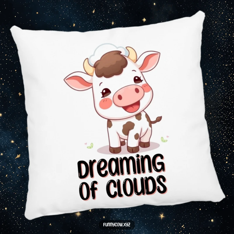 Funny pillow: A content cow with an open mouth looks skyward, trying to moo at a passing cloud.