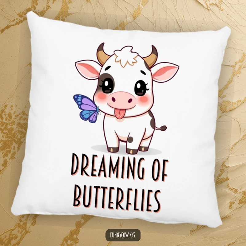 Funny cow pillow featuring a playful cow with its tongue sticking out, chasing a butterfly.