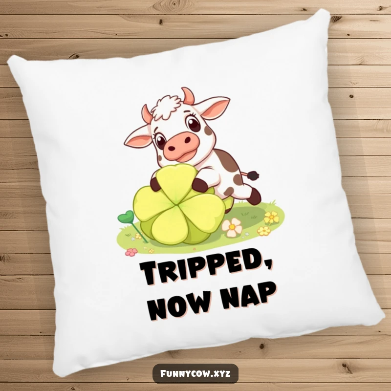 Funny surprised cow pillow showing a cow comically tripping over a giant clover, adding humor to relaxation.