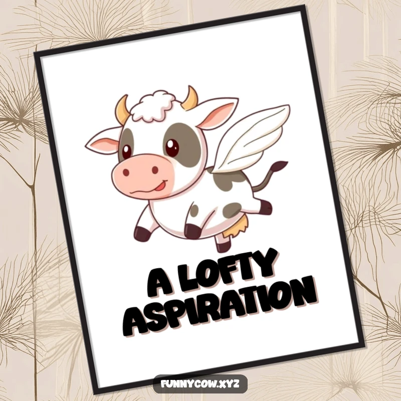 Funny digital art print of a cow comically attempting to fly with tiny, wobbly wings, ready to download.