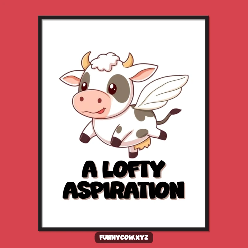 Comical Cow Flight Funny Digital Art Print - Wobbly Wings Gift