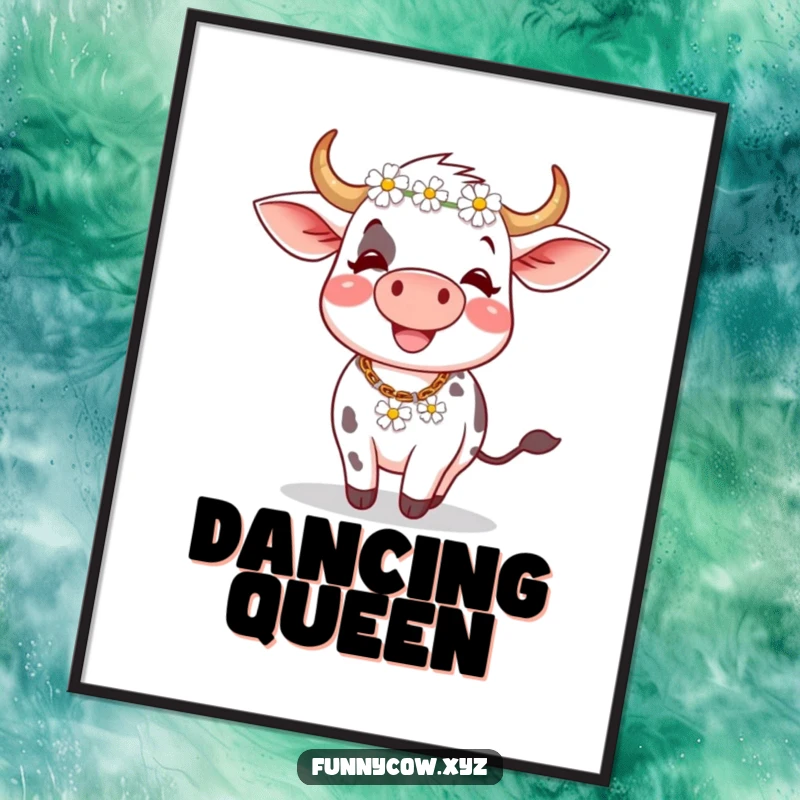 Funny digital art print: A delightful cow spins with a daisy chain, capturing a moment of pure, carefree happiness.