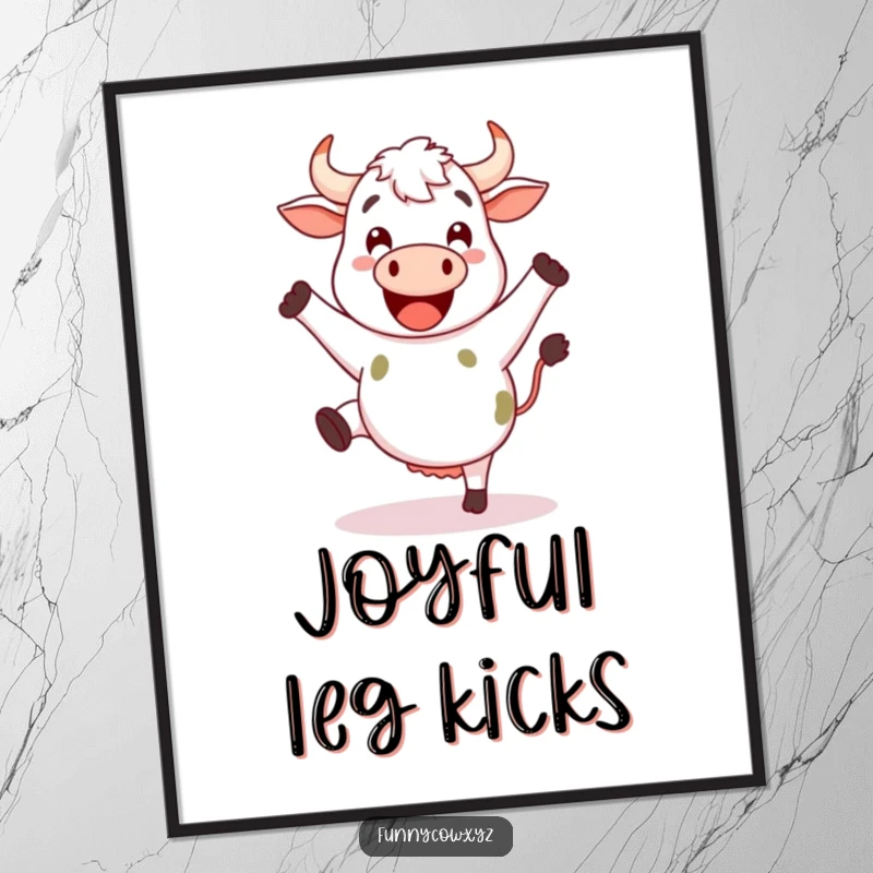 Funny happy cow digital art print showing a cow with legs kicking enthusiastically as if dancing.